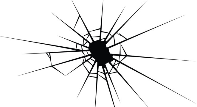 Black silhouette of shattered and cracked glass window pane with a bullet hole center, crack pattern vector.