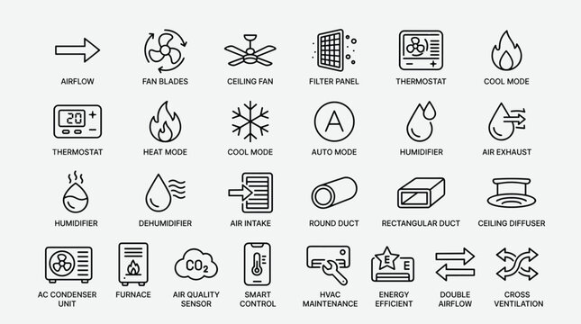 Hvac and air conditioning icon set for climate control and indoor heating ventilation systems featuring professional linear vector symbols for technical engineering.