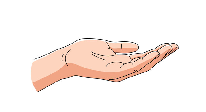 Human hand with open palm facing up, realistic line art vector drawing representing support, offering, or care.