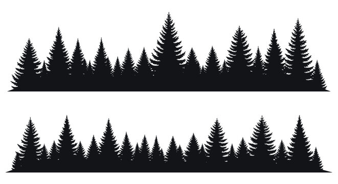 Set of dark black pine and fir forest silhouettes, wild spruce trees landscape border vector illustration.