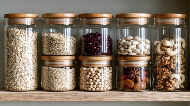 Minimal Kitchen Shelf with Glass Jars of Oats