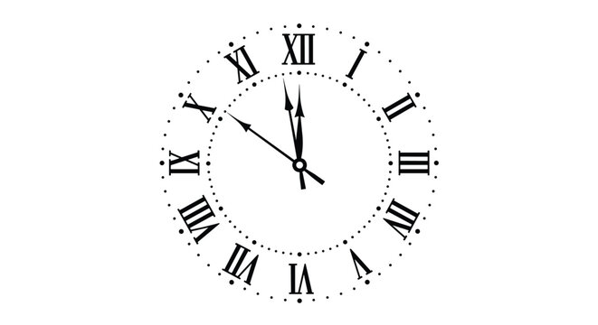 Classic clock face with roman numerals showing almost twelve oclock in a clean black and white style.
