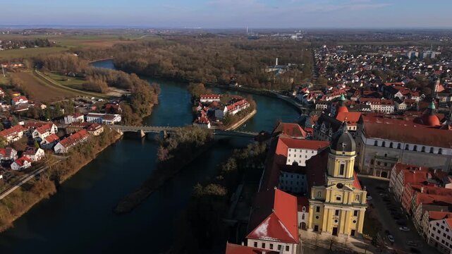 Microstock video clip of the renaissance castle and town square skyline in Neuburg an der Donau providing an atmospheric travel inspiration shot of a German cultural heritage site