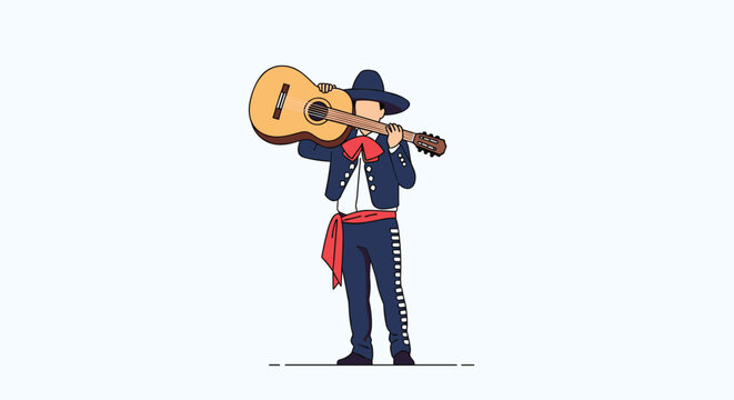 Mexican mariachi musician in traditional charro suit holding a guitar over his shoulder flat illustration.