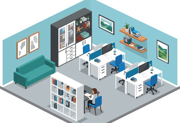Modern isometric office room interior layout with computer desks rolling chairs bookshelves cabinet sofa and blue walls © mdtanjimul