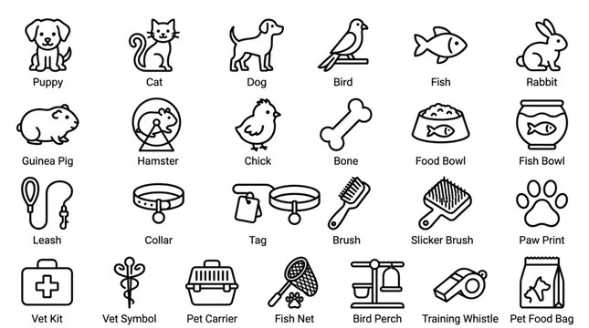 Pet care line icons set, including puppy, cat, dog, bird, fish, rabbit, guinea pig, hamster, chick, bone, food bowl, fish bowl, leash, collar.