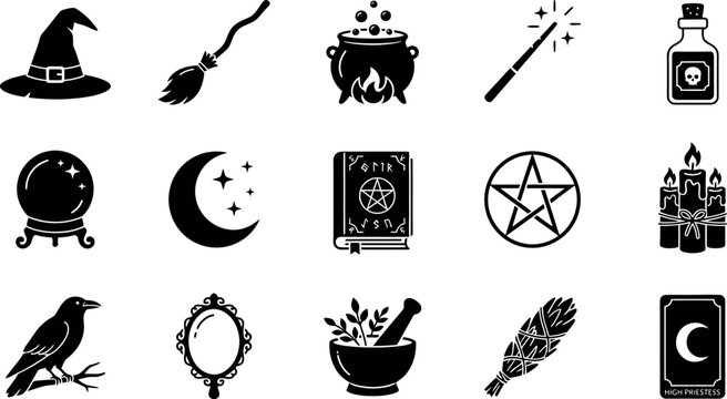 Black and white witchcraft icons set including witch hat broom cauldron magic wand potion bottle crystal ball moon spell book pentagram candles crow mirror mortar smudge stick and tarot card