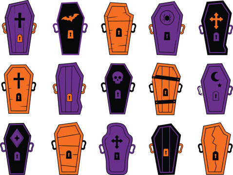 Collection of detailed halloween coffins and caskets for themed creative layouts