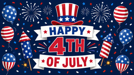 Obraz premium America Independence Day graphic features a stylized uncle sam hat and colorful fireworks arranged around a bold typographic banner that celebrates the holiday on a dark blue background pattern.
