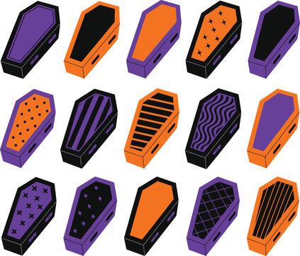 Collection of decorative halloween coffin designs with various textures