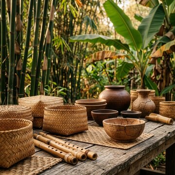 Eco Friendly Rustic Home Decor: Indonesian Bamboo Baskets, Clay Bowls and Traditional Crafts with Nature Background