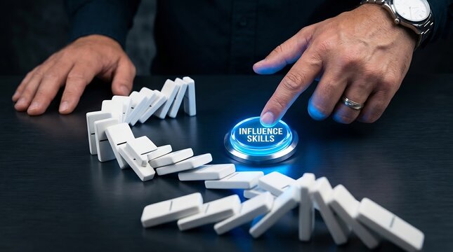 Hand touching glowing influence skills button to stop falling dominoes chain reaction concept