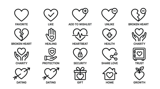 Set of 20 heart line icons. favorite like add to wishlist unlike broken heart healing heartbeat health charity protection security.