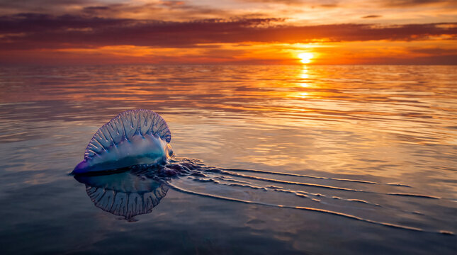Physalia physalis flotando sobre un oc&eacute;ano iluminado por la luz dorada del atardecer. Reflejos c&aacute;lidos, agua tranquila y colores intensos. Estilo documental premium.