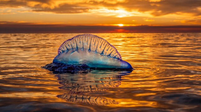 Physalia physalis flotando sobre un oc&eacute;ano iluminado por la luz dorada del atardecer. Reflejos c&aacute;lidos, agua tranquila y colores intensos. Estilo documental premium.