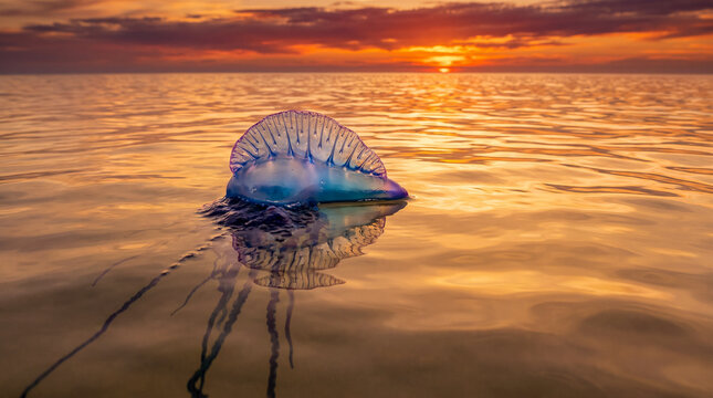 Physalia physalis flotando sobre un oc&eacute;ano iluminado por la luz dorada del atardecer. Reflejos c&aacute;lidos, agua tranquila y colores intensos. Estilo documental premium.