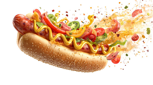 Delicious hot dog with fresh ingredients and sauce exploding in dynamic motion splash.