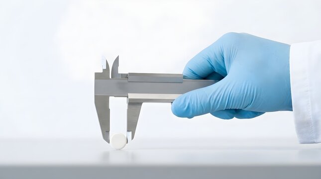 Close up view of a scientist hand in a blue glove using a digital stainless steel vernier caliper to measure the diameter size of a white pill.