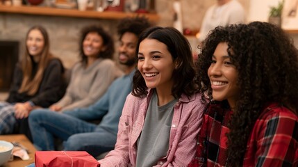 Obraz premium Group of friends smiling together while sitting on couches in warm living room during casual gathering