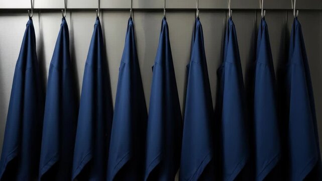Blue Shirts Hanging on Hooks in Row