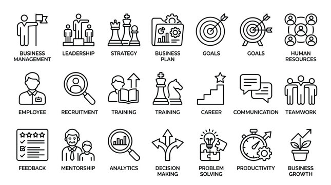 Set of business and management icon vector representing various aspects of corporate operations and human resources development with career progression.