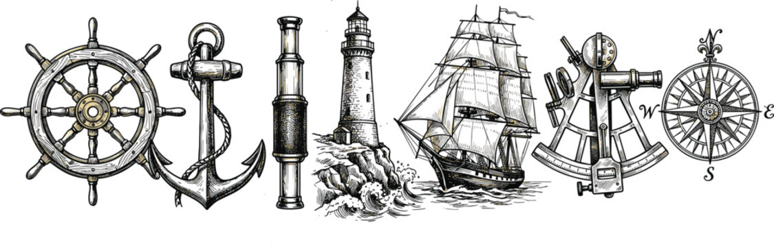 Ornate vintage maritime sketch element compilation including a fully rigged sailing ship wooden wheel anchor lighthouse and sextant