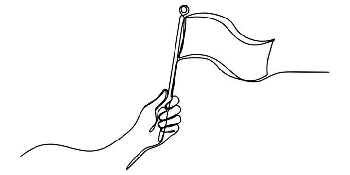 Continuous single line drawing of a hand holding a small flag