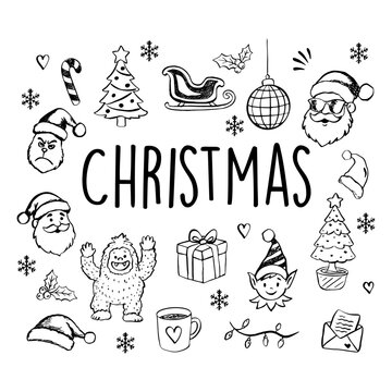 collection of doodle-style illustrations of various holiday elements. Santa Claus, Christmas trees, gifts, a snowman, snowflakes, presents, an elf, and other Christmas characters and decorations