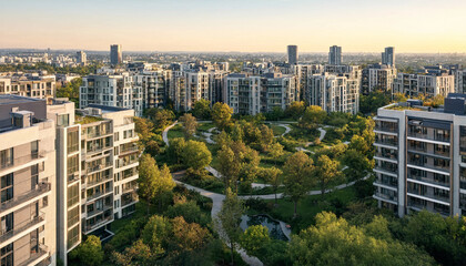 Fototapeta premium High angle panoramic view of urban residential apartment district featuring green parks and modern high-rise architecture at sunset golden hour real estate exterior design apartment
