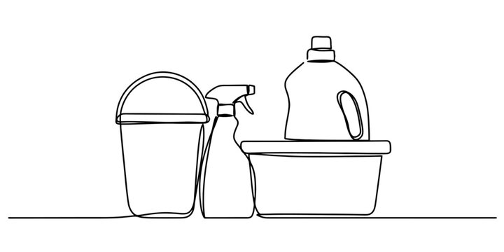 Continuous one line drawing of a set of cleaning supplies including bucket spray bottle and detergent container