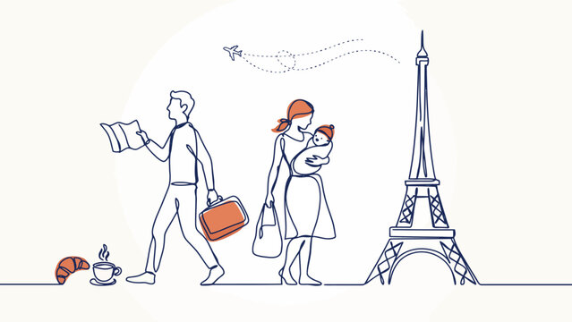 Travelers with luggage and map in paris linear drawing travelers suitcase croissant vacation landmark minimalist
