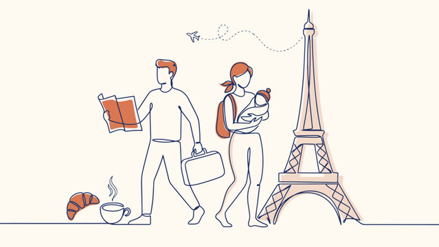 Travelers with map and luggage in paris linear sketch backpack vacation landmark minimalist illustration outdoors