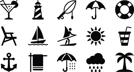 Summer beach vacation black solid icon set including lighthouse sailboat palm tree cocktail anchor and weather symbol graphics © mdtanjimul