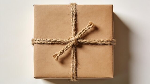 Square Gift Box Wrapped in Brown Paper and Twine