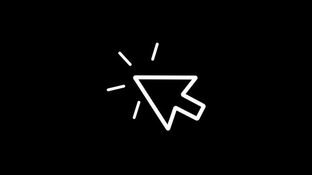 White mouse cursor icon clicking effect animation on black background, glowing arrow pointer click motion graphic, dark mode user interface navigation element