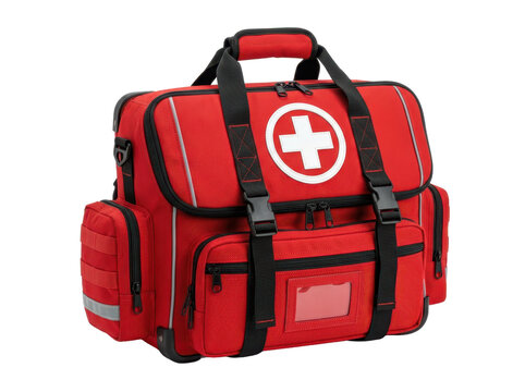 Red first aid kit bag with white cross emblem and black straps displayed in a high-key studio shot on a white background.