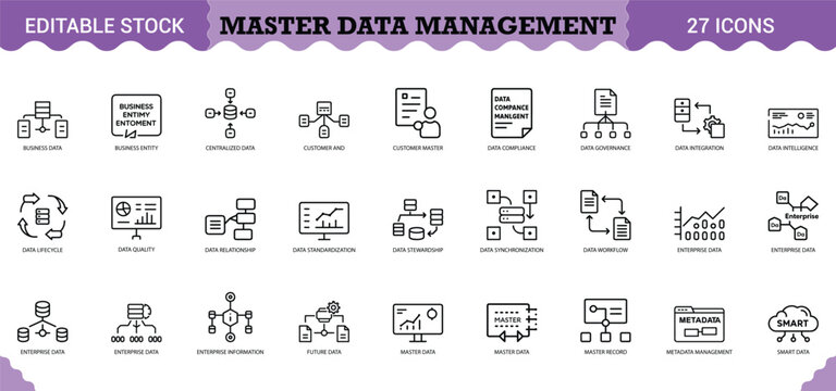 PrintMaster Data Management Icon Set - 27 Editable Vector Icons for Enterprise Data Governance & Quality. Features centralized data, customer master data, data compliance, governance frameworks, integ