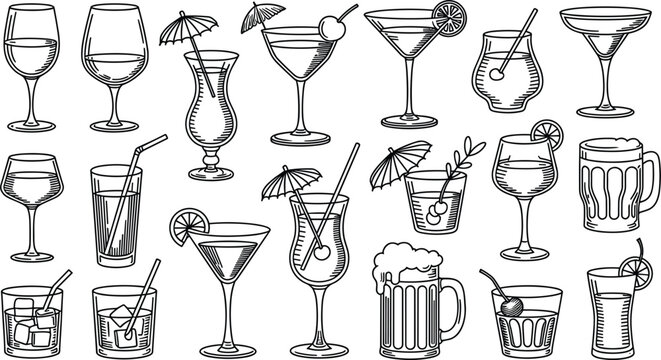 Vintage hand drawn alcoholic drink glasses sketch icon collection featuring wine cocktails beer mugs and tropical beverages
