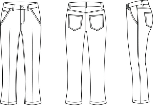 Fashion technical sketch of women denim pants showing front back and side views