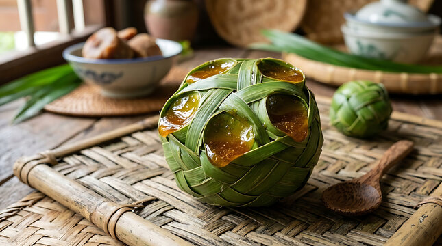 Traditional Southeast Asian leaf wrapped sweet dessert scene-877f980e-327c-4eba-82a4-f4835b8abca7_202607022307.png on rustic bamboo tray