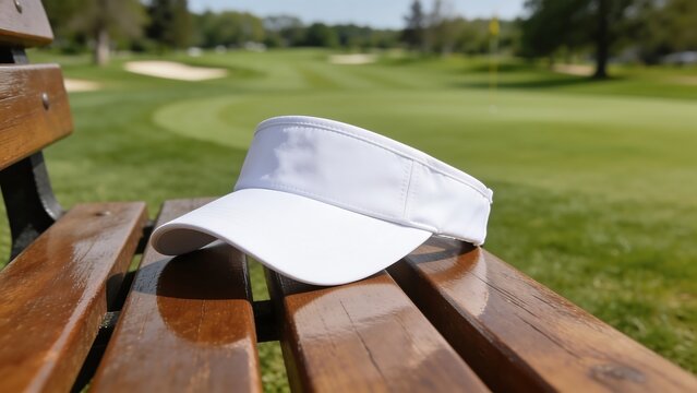White Golf Visor on Wooden Bench at Golf Course