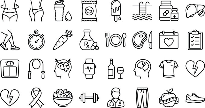 Fitness training weight loss and healthy lifestyle line icon set featuring nutrition sports exercise and medical wellness