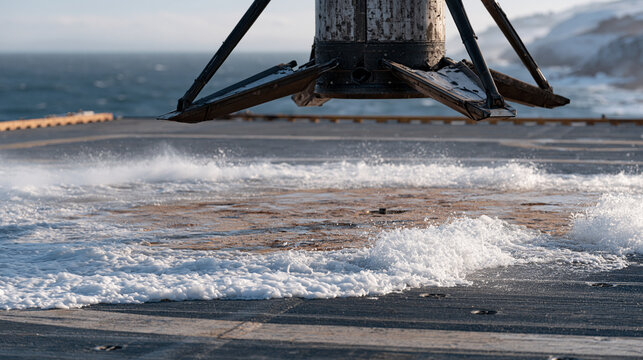 Reusable booster landing legs unfurl in synchronized sequence milliseconds above mobile sea platform, extreme close-up macro detail of hydraulic strut locking pin engaging, sea