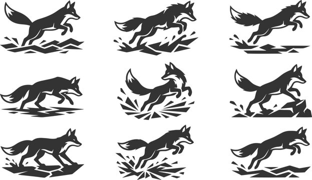 Fox jumping over obstacles and broken ground stylized vector icon collection