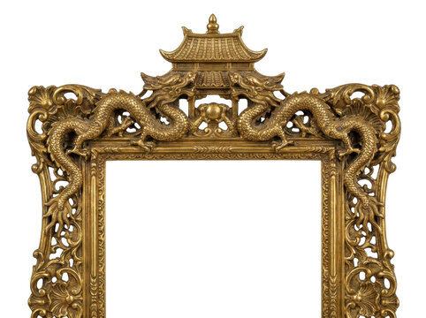 Ornate golden dragon-adorned frame with pagoda top, showcasing intricate asian artistry against a clean white background.