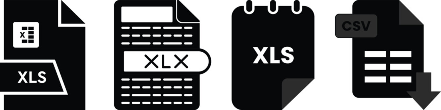 Collection of file format icons featuring XLS, XLSX, CSV, PDF, ZIP, JPG, PNG, RAW and EPS document symbols. Perfect for apps, websites, file management and UI design.