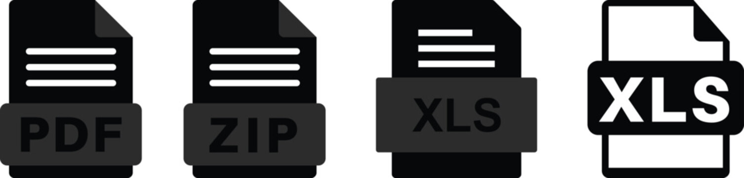 Collection of file format icons featuring XLS, XLSX, CSV, PDF, ZIP, JPG, PNG, RAW and EPS document symbols. Perfect for apps, websites, file management and UI design.