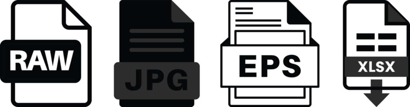 Collection of file format icons featuring XLS, XLSX, CSV, PDF, ZIP, JPG, PNG, RAW and EPS document symbols. Perfect for apps, websites, file management and UI design.