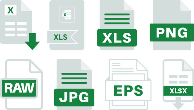 Collection of file format icons featuring XLS, XLSX, CSV, PDF, ZIP, JPG, PNG, RAW and EPS document symbols. Perfect for apps, websites, file management and UI design.