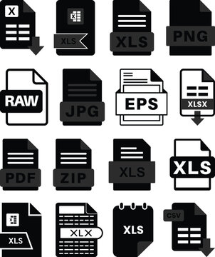 Collection of file format icons featuring XLS, XLSX, CSV, PDF, ZIP, JPG, PNG, RAW and EPS document symbols. Perfect for apps, websites, file management and UI design.